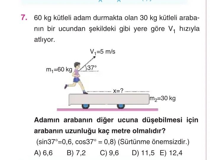 60 kg kütleli adam durmakta olan 30 kg kütleli arabanın bir ucundan şekildeki gibi yere göre V₁