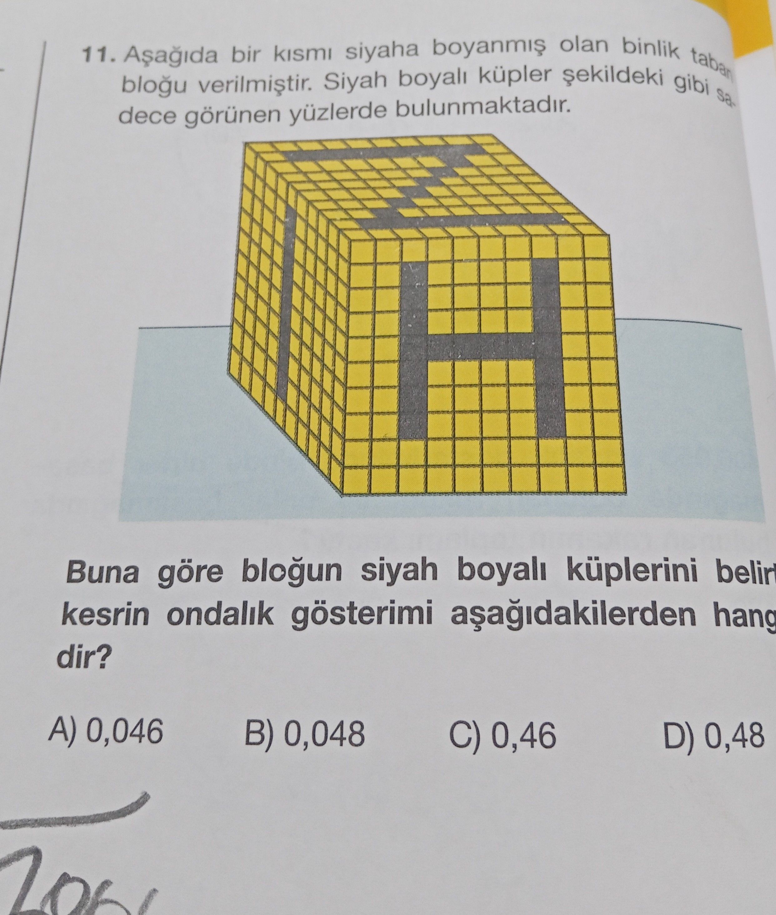 Aşağıda bir kısmı siyaha boyanmış olan binlik taban bloğu verilmiştir. Siyah boyalı küpler şekildeki