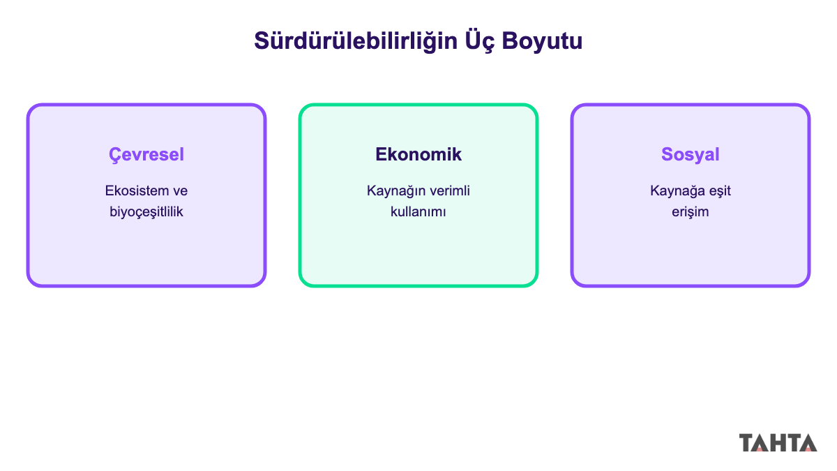 Sürdürülebilirliğin çevresel, ekonomik ve sosyal boyutlarını gösteren üç parçalı şema