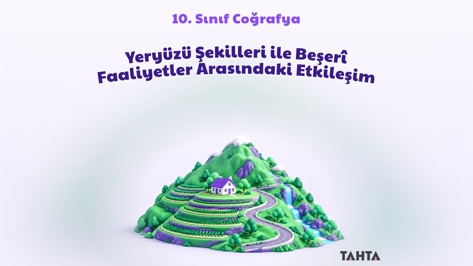 Yer şekilleri ile beşerî faaliyetler arasındaki etkileşimi simgeleyen teraslanmış dağ ve yol görseli