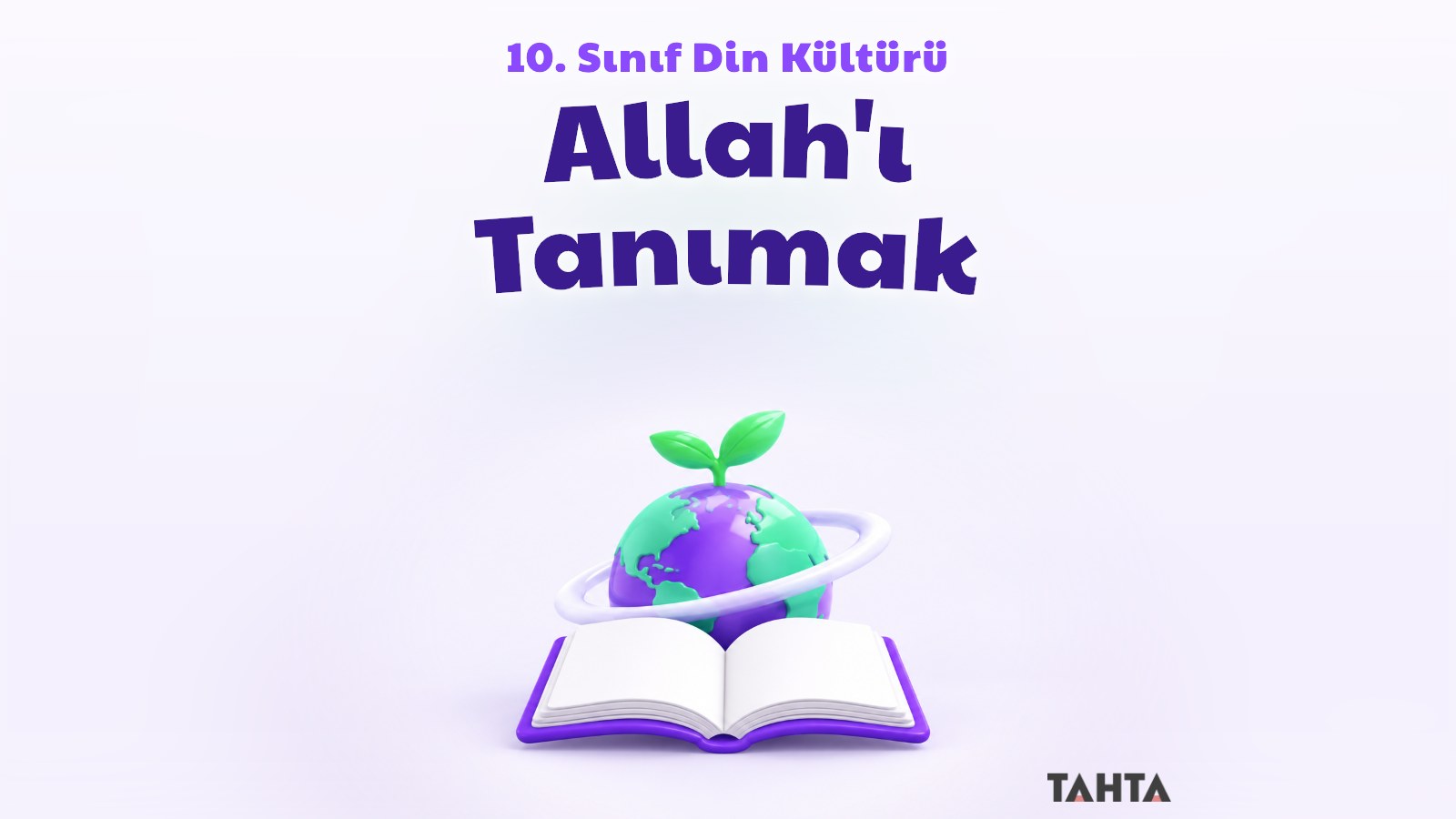 Mor ve yeşil tonlarda halkalı küçük bir gezegen, filizlenen bitki ve açık kitaptan oluşan 3B ders kapağı