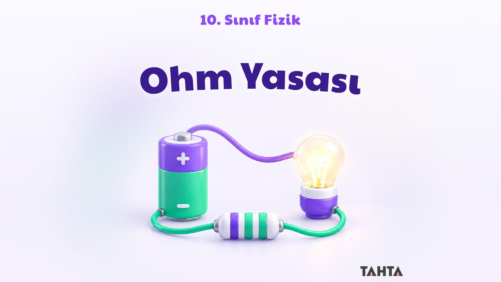 Mor ve yeşil tonlarda pil, direnç ve ampulden oluşan Ohm yasası ders kapağı