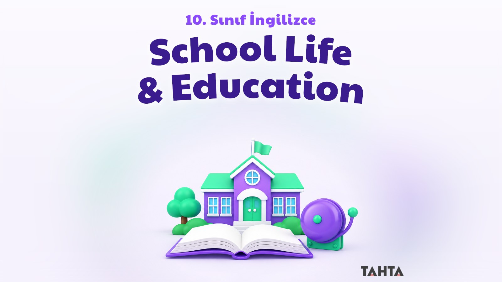 Mor ve yeşil tonlarda okul binası, açık kitap ve zil figürüyle School Life & Education kapak görseli