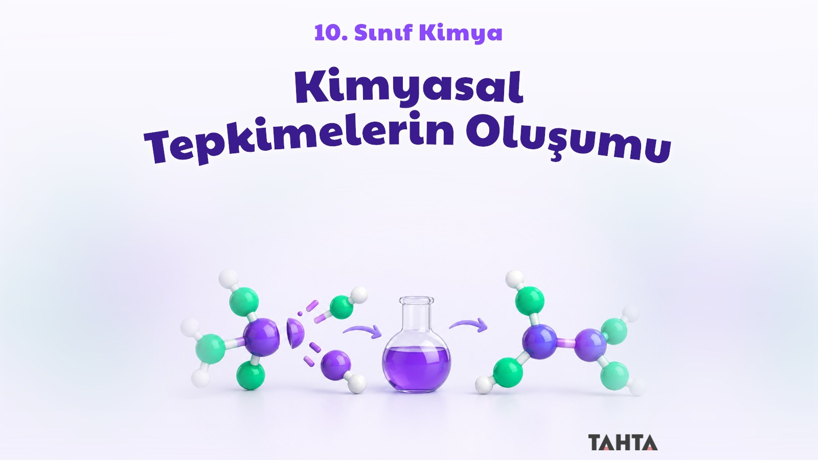 Bağları kırılıp yeniden birleşen mor ve yeşil küre-çubuk molekül modelleri ile cam deney şişesi