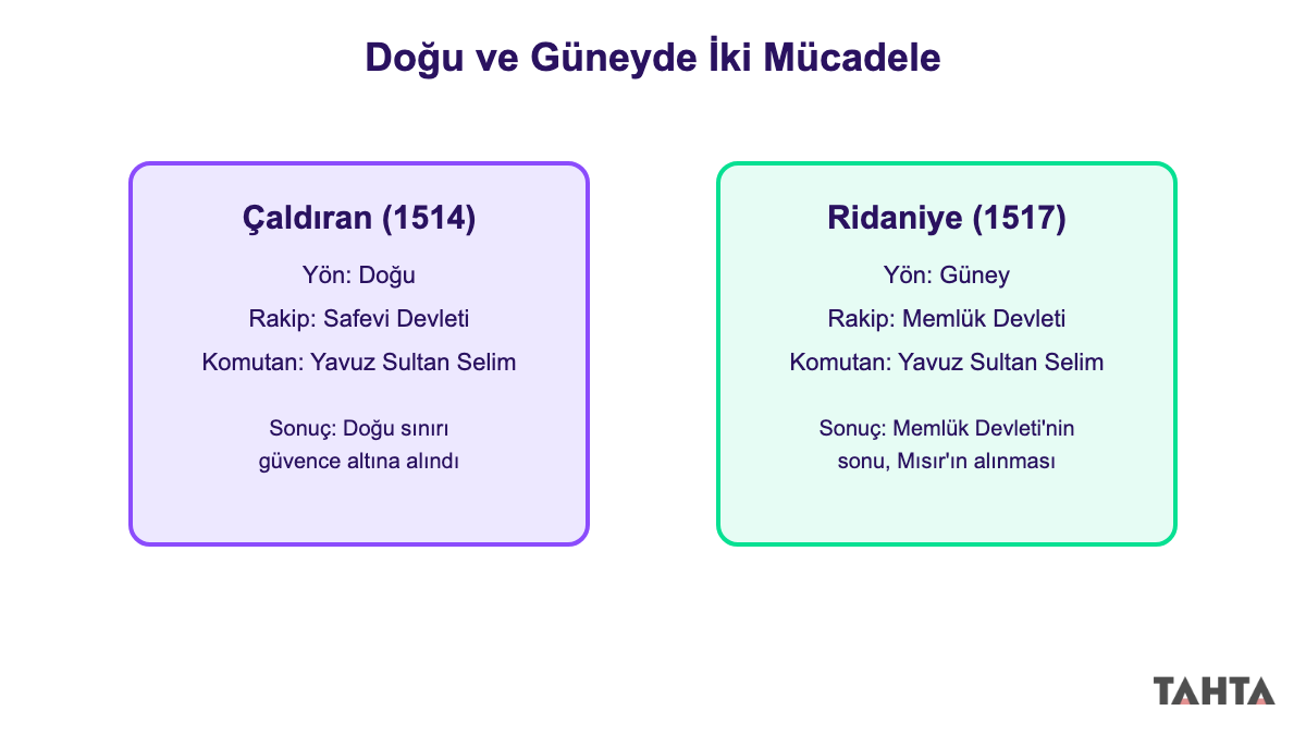 Çaldıran ve Ridaniye seferlerinin yönünü ve rakiplerini gösteren karşılaştırma şeması
