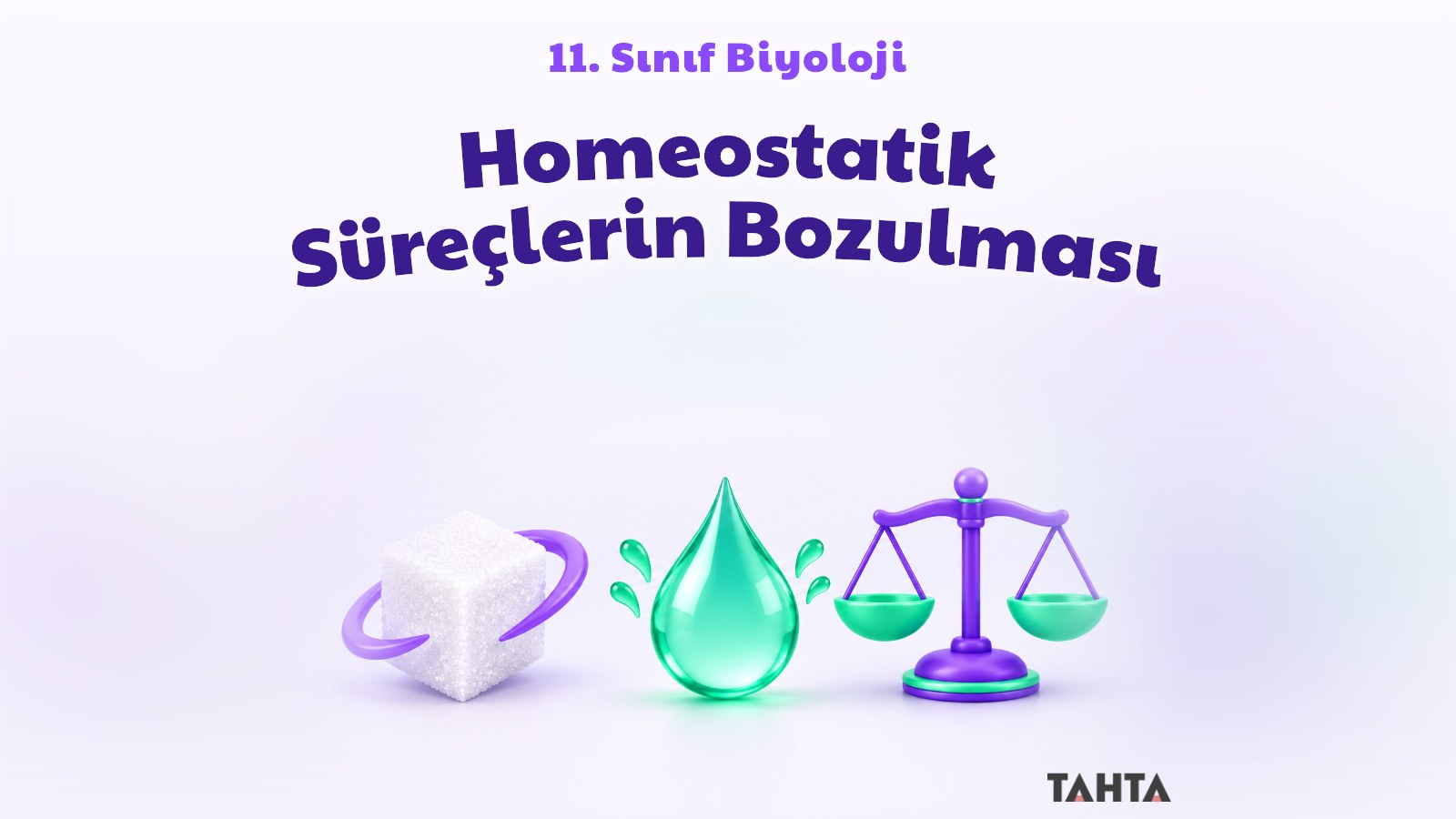 Homeostazi bozulması konusu için şeker küpü, su damlası ve terazi simgeleri olan aydınlık kapak