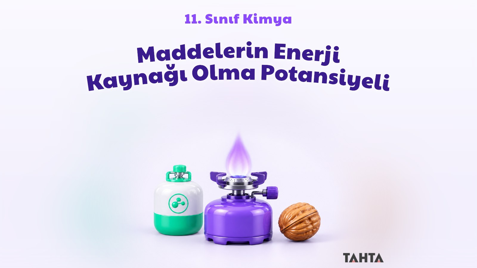 Mor ve yeşil tonlarda gaz ocağı, hidrojen tüpü ve cevizden oluşan kimya ders kapağı