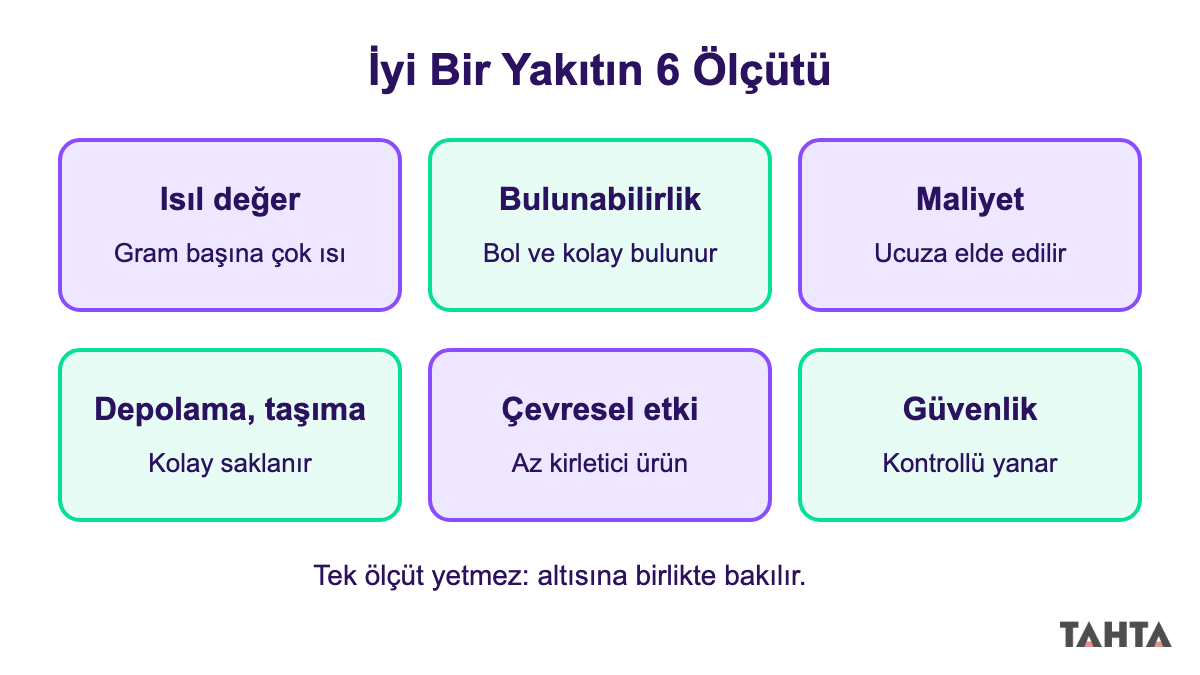 İyi bir yakıtın altı ölçütü: ısıl değer, bulunabilirlik, maliyet, depolama, çevresel etki ve güvenlik