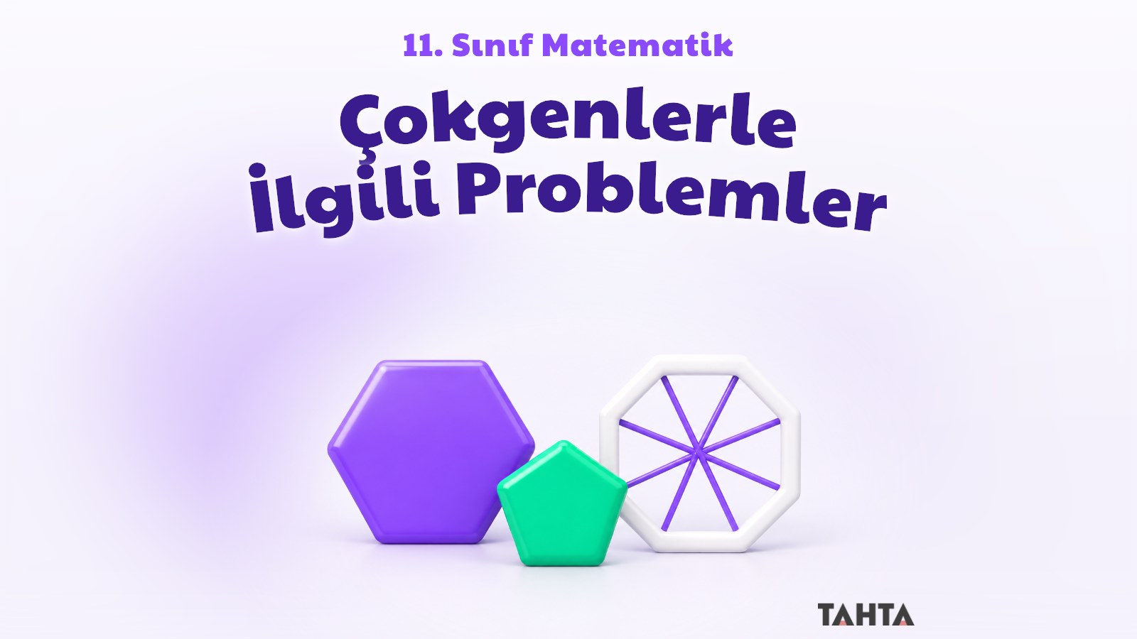 Mor ve yeşil renkli düzgün altıgen, beşgen ve köşegenli sekizgen çerçeveden oluşan çokgen problemleri kapağı