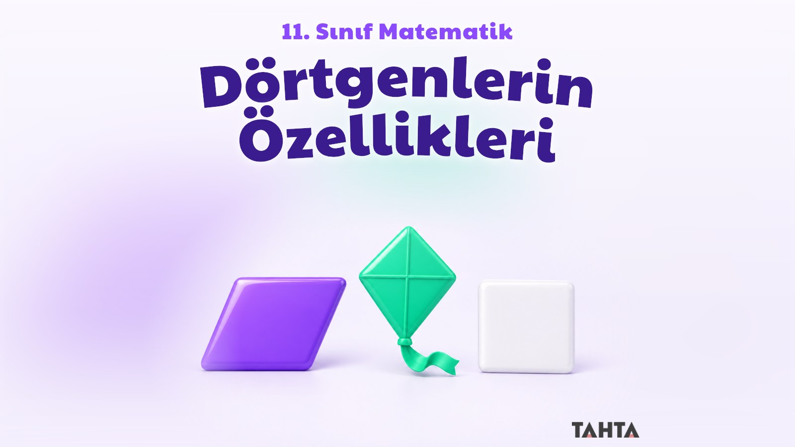 Mor paralelkenar, yeşil eşkenar dörtgen uçurtma ve beyaz kare bloktan oluşan dörtgenler konusu kapak görseli