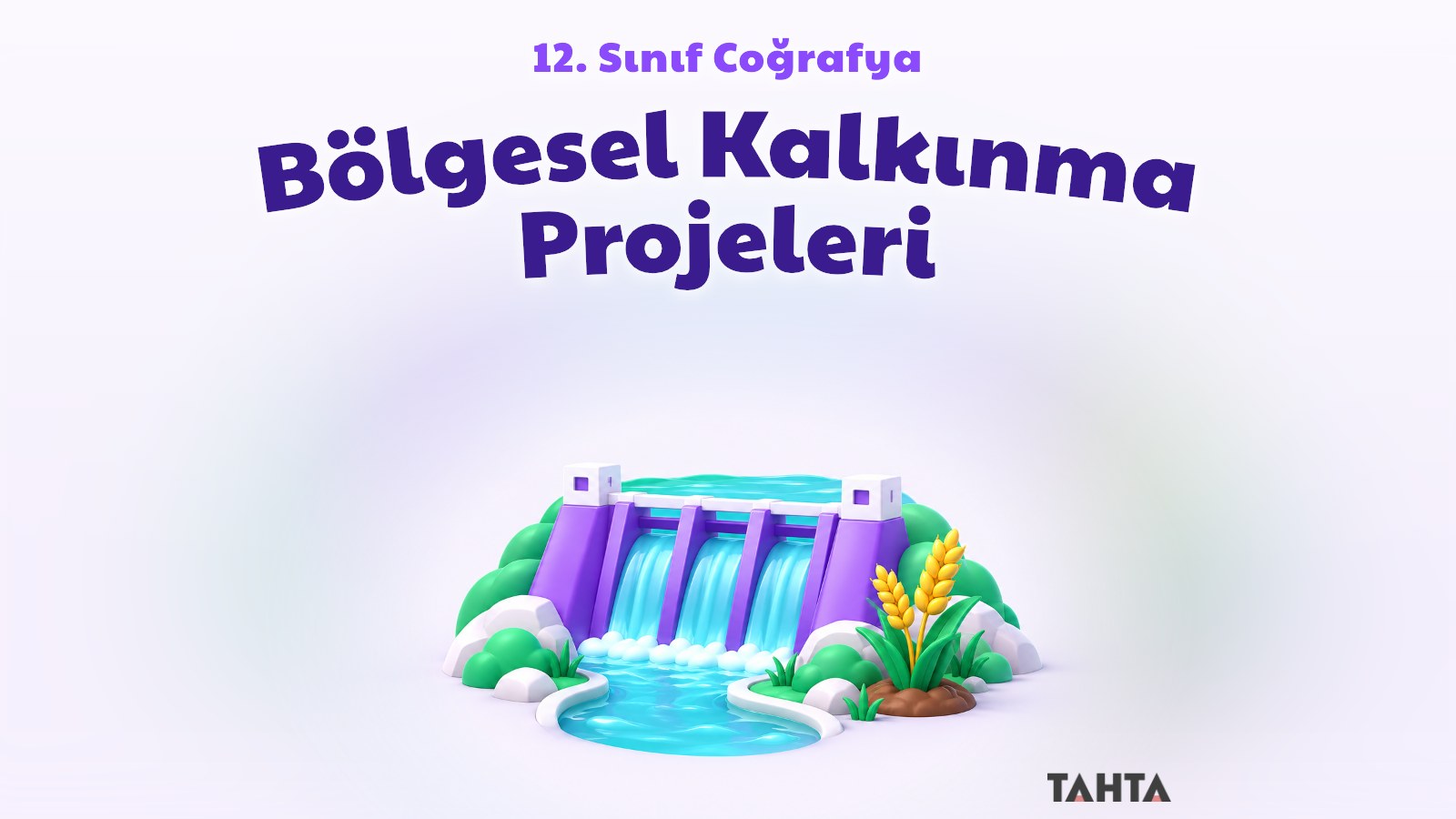 Baraj ve tarım bitkisini simgeleyen mor ve yeşil 3B bölgesel kalkınma projesi illüstrasyonu