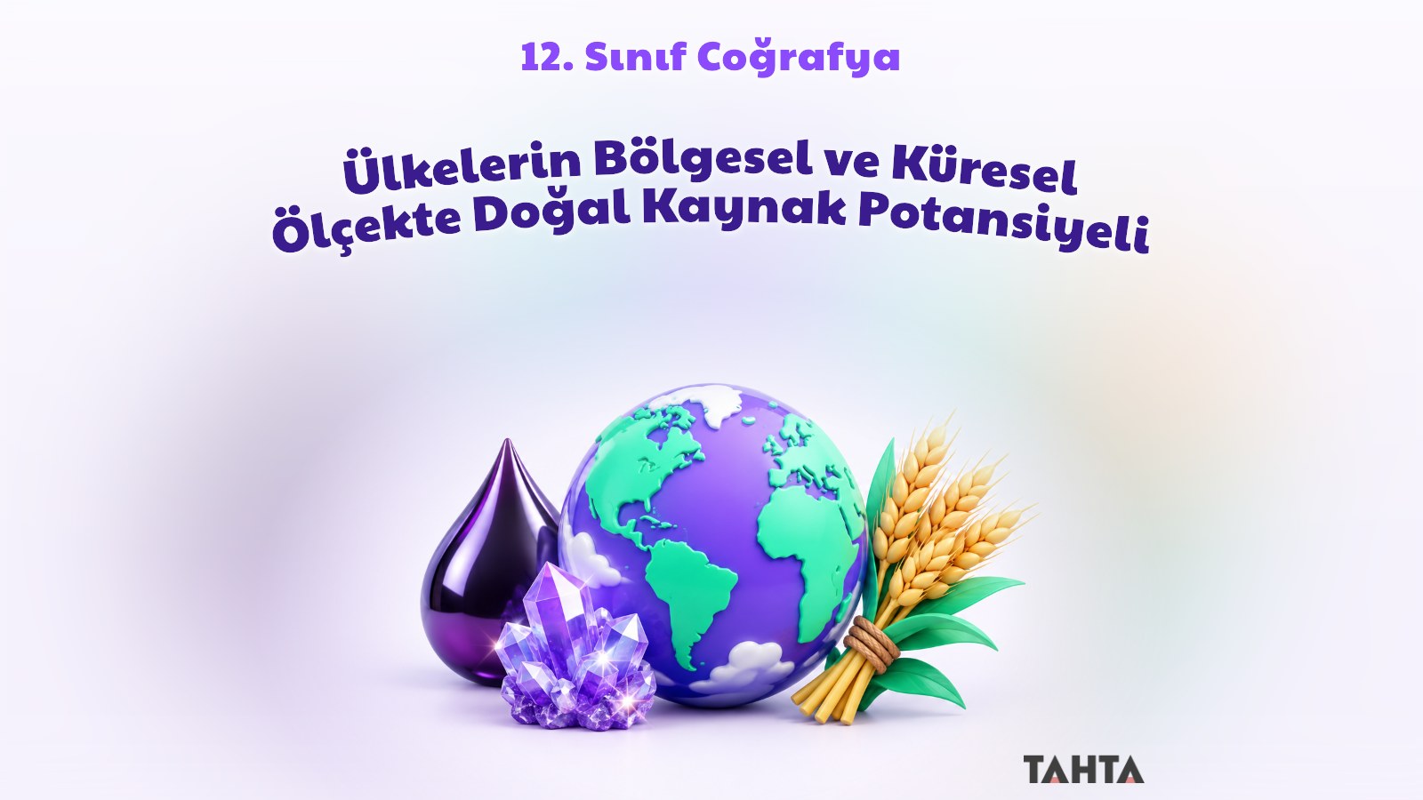 Kaynak simgeleriyle çevrili parlak dünya küresi: petrol damlası, maden kristali ve buğday demeti
