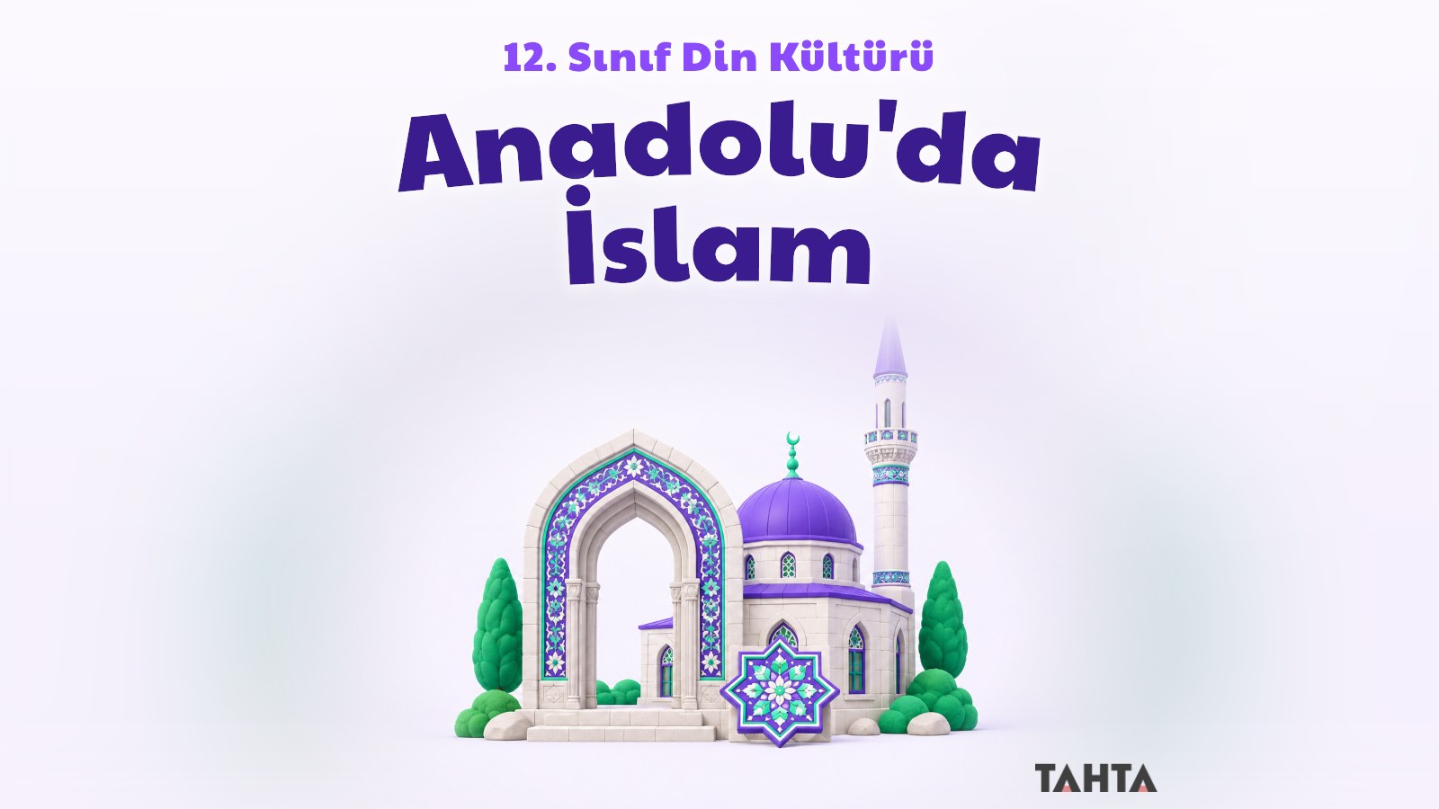 Anadolu'da İslam konusunu simgeleyen mor ve yeşil tonlarda üç boyutlu Selçuklu taç kapısı ve kubbeli cami