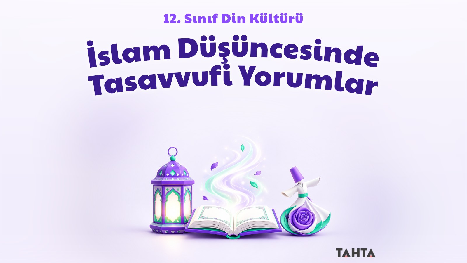İslam düşüncesinde tasavvufi yorumlar konusunu simgeleyen mor ve yeşil tonlarda üç boyutlu fener ve açık kitap