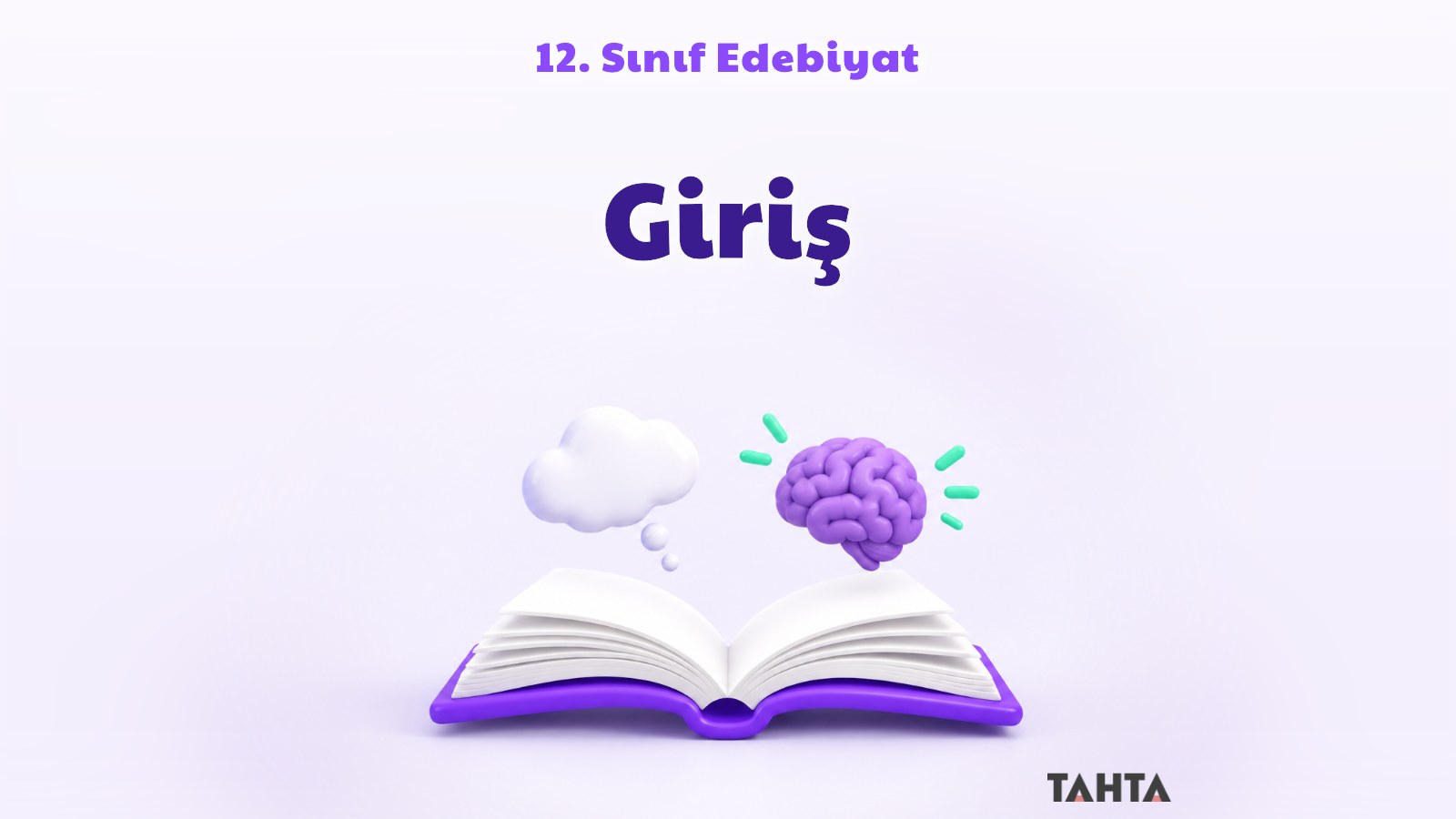 Açık kitap, düşünce balonu ve beyin ikonundan oluşan mor yeşil edebiyat dersi kapağı