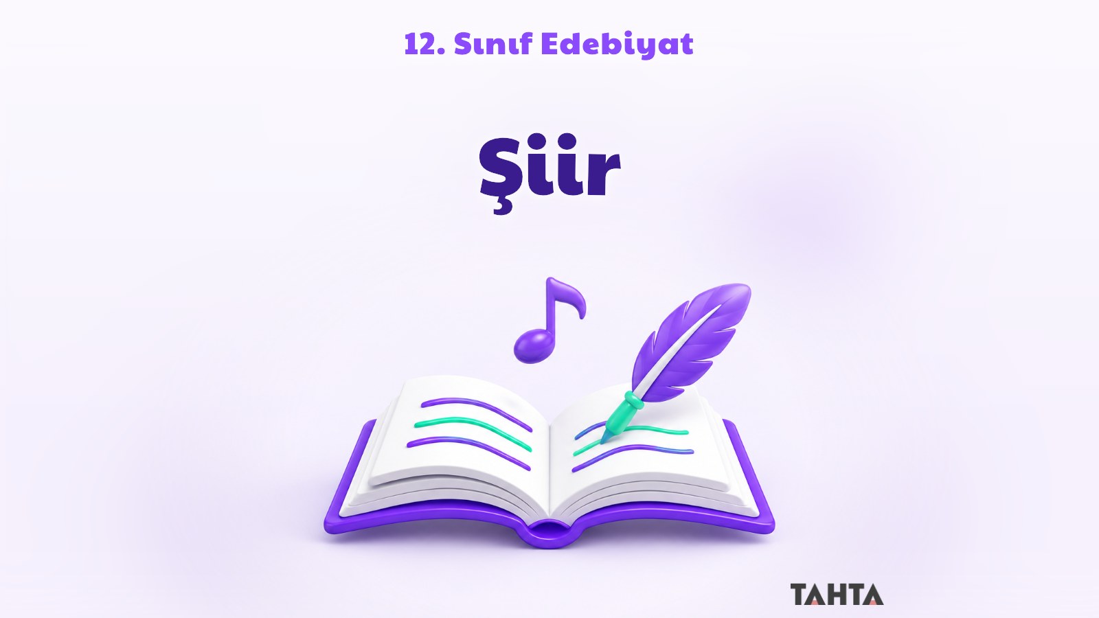 Açık bir şiir kitabı, tüy kalem ve nota simgesinden oluşan mor yeşil edebiyat dersi kapağı