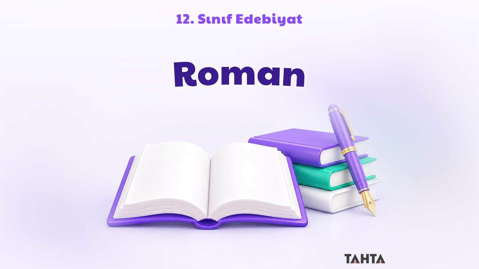 Açık bir roman, üst üste kitaplar ve dolma kalemden oluşan mor yeşil edebiyat dersi kapağı