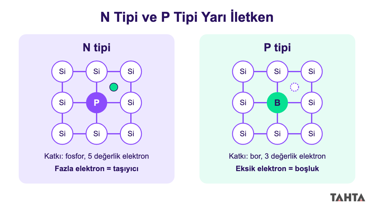 Silisyum kristalinde fosfor ile N tipi, bor ile P tipi yarı iletken oluşumunu gösteren şema