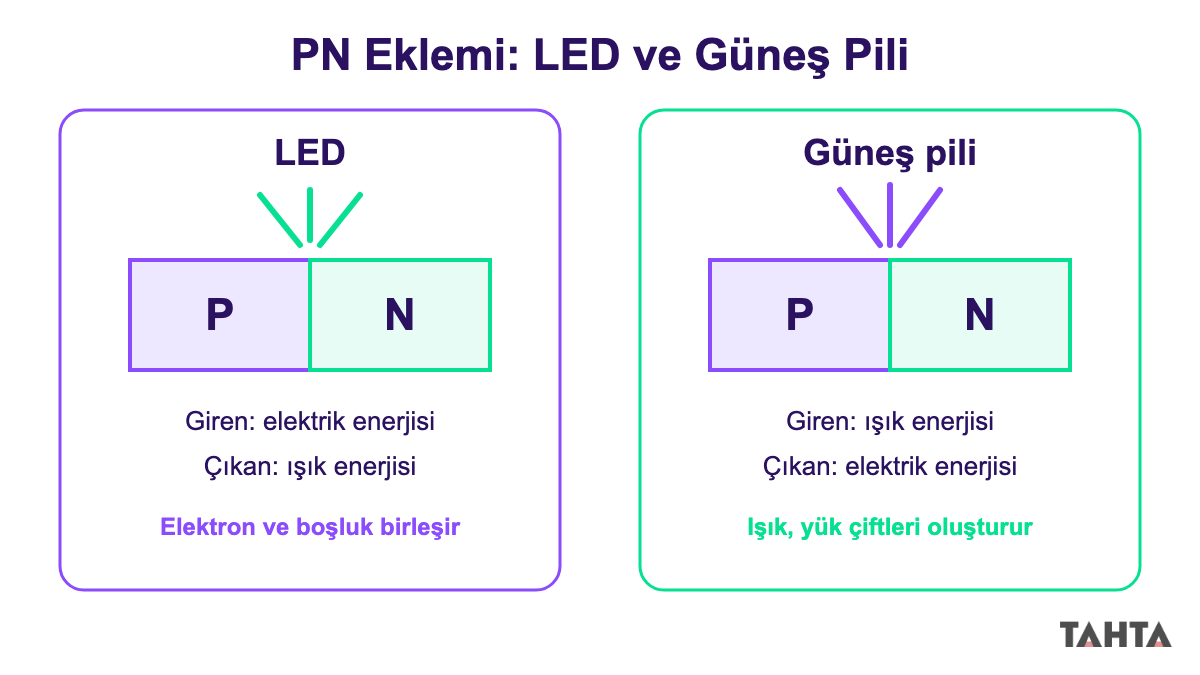 PN ekleminde LED'in elektriği ışığa, güneş pilinin ışığı elektriğe çevirmesini karşılaştıran şema