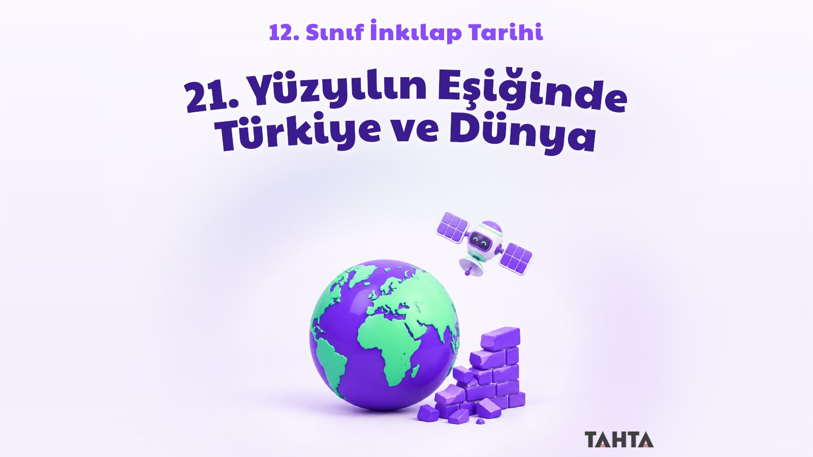Mor ve yeşil tonlarda dünya küresi, çatlak duvar parçası ve uydu içeren konu kapağı