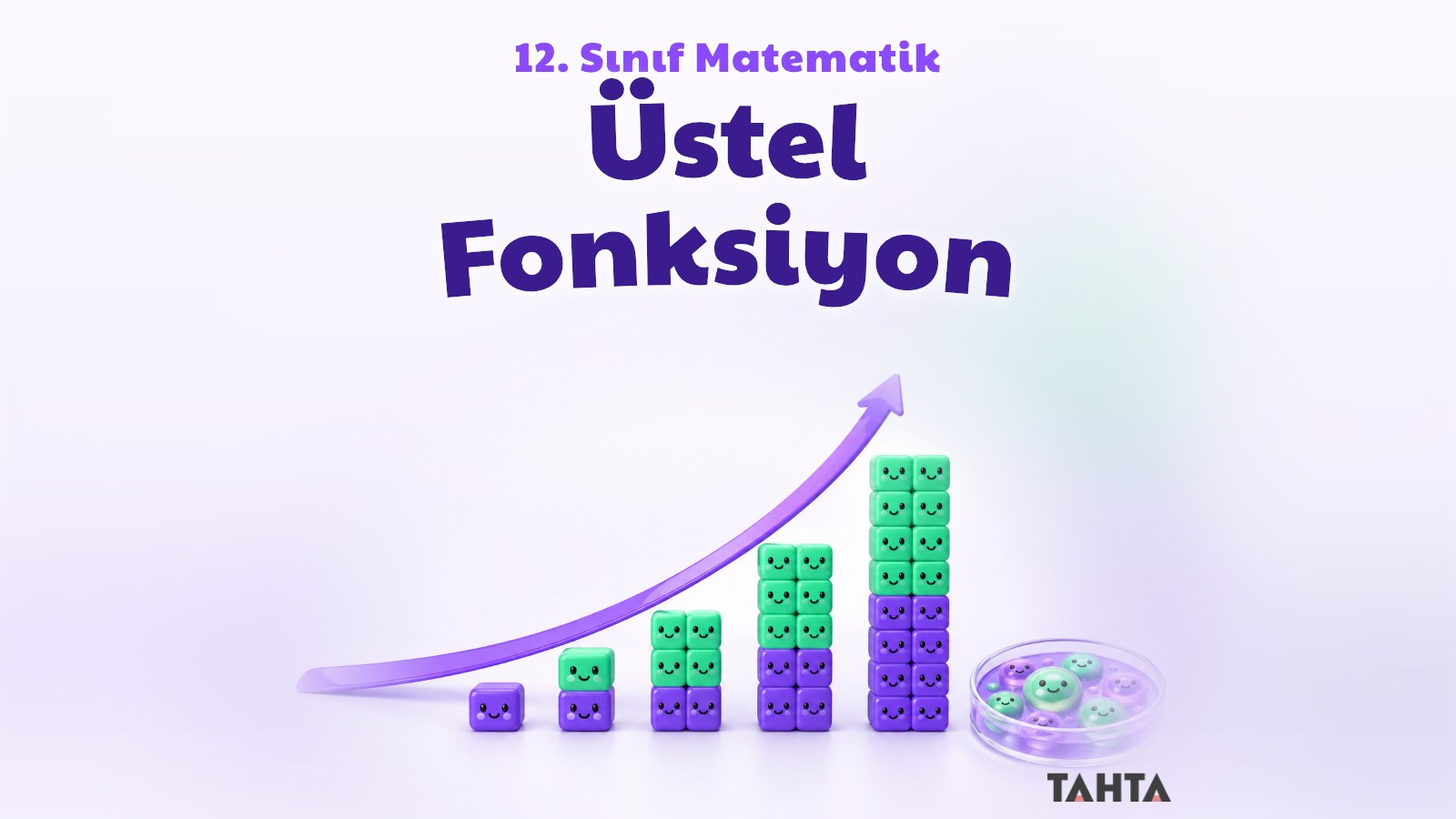 Üstel büyümeyi simgeleyen yukarı kıvrılan mor eğri ve iki katına çıkan küp yığınları