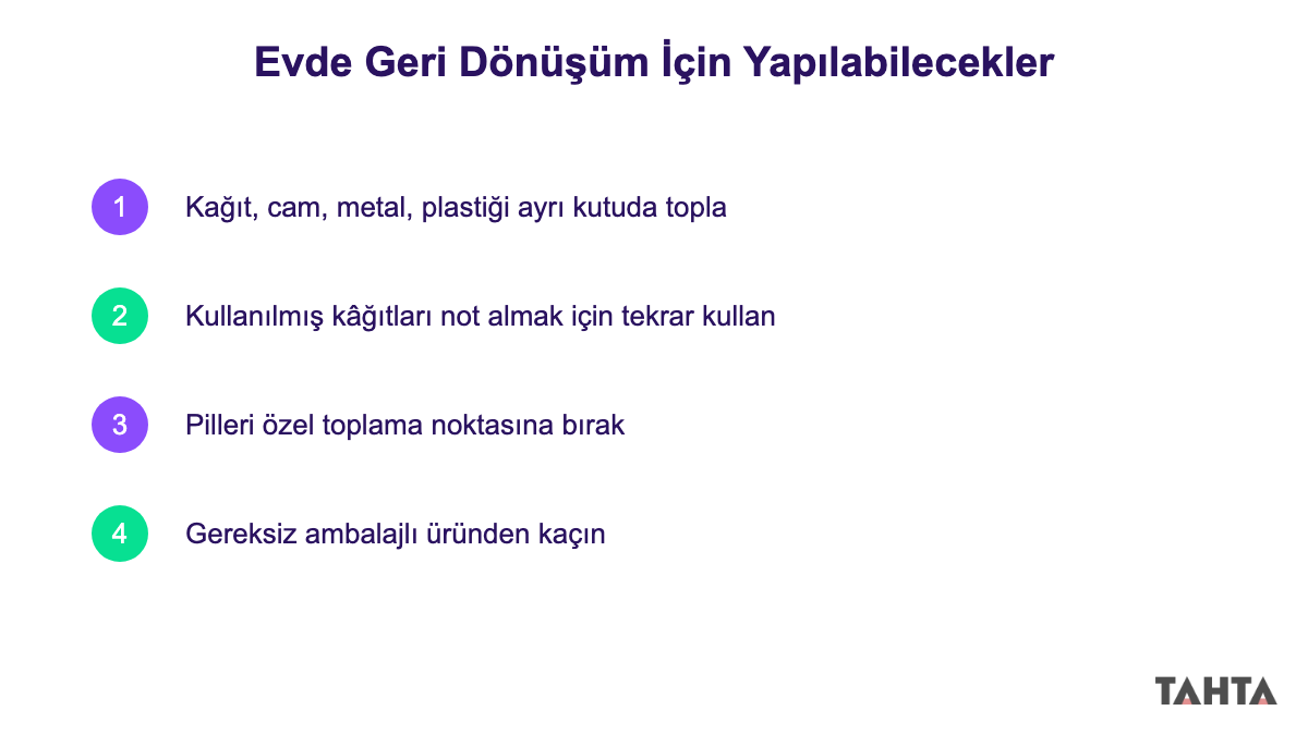 Evde geri dönüşüm için yapılabilecek dört adımı gösteren kontrol listesi görseli