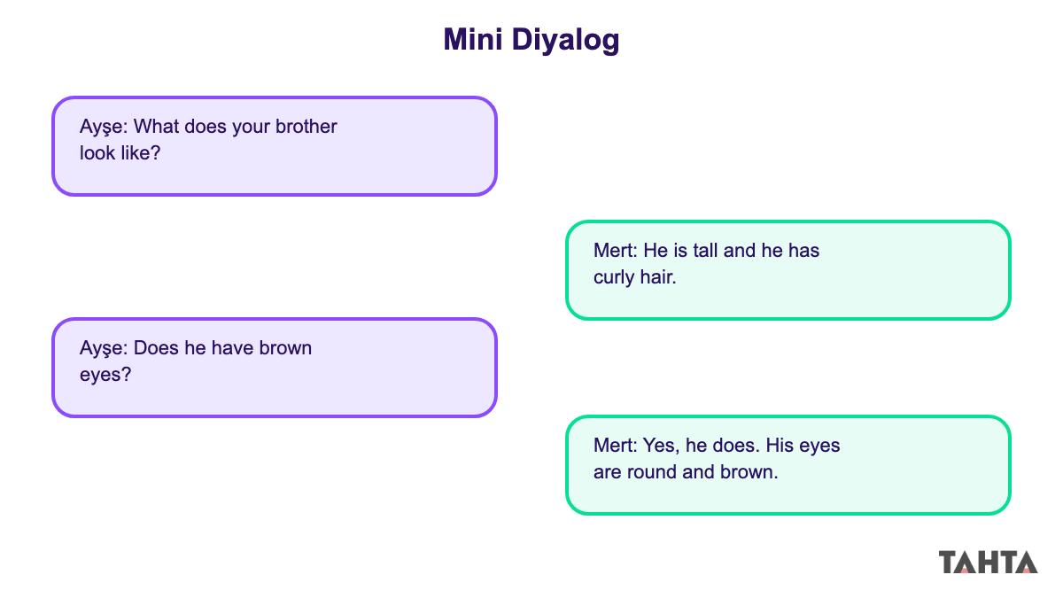 Personal life İngilizce örnek diyalog konuşma balonu what does he look like