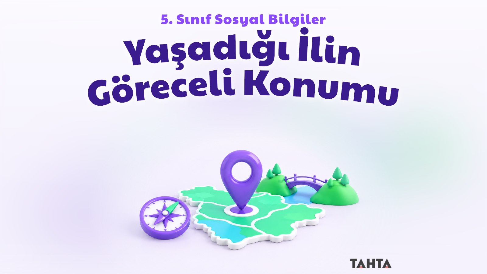 Mor ve yeşil tonlarda harita iğnesi, pusula ve küçük köprüden oluşan göreceli konum konusu kapak görseli