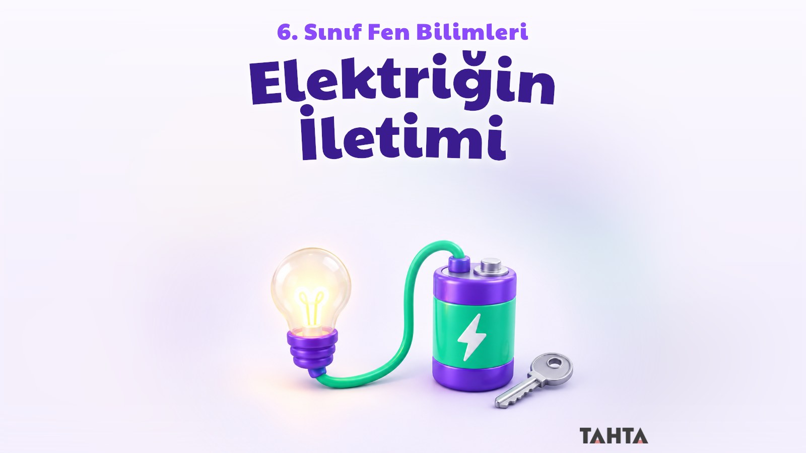 Pil, ampul ve kablodan oluşan sevimli 3B devre ile metal anahtar, elektriğin iletimi kapak görseli