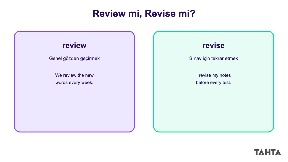 Review ve revise fiillerinin kullanım farkını gösteren karşılaştırma kutusu