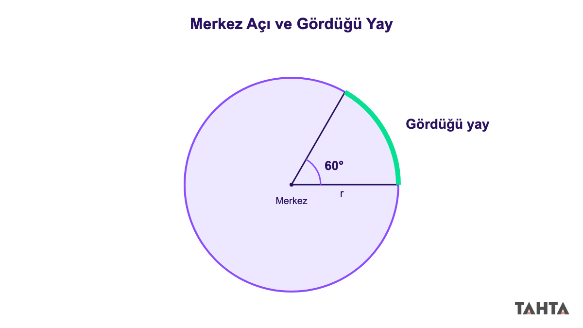 Çemberde merkez açı ve gördüğü yayı gösteren renkli şema