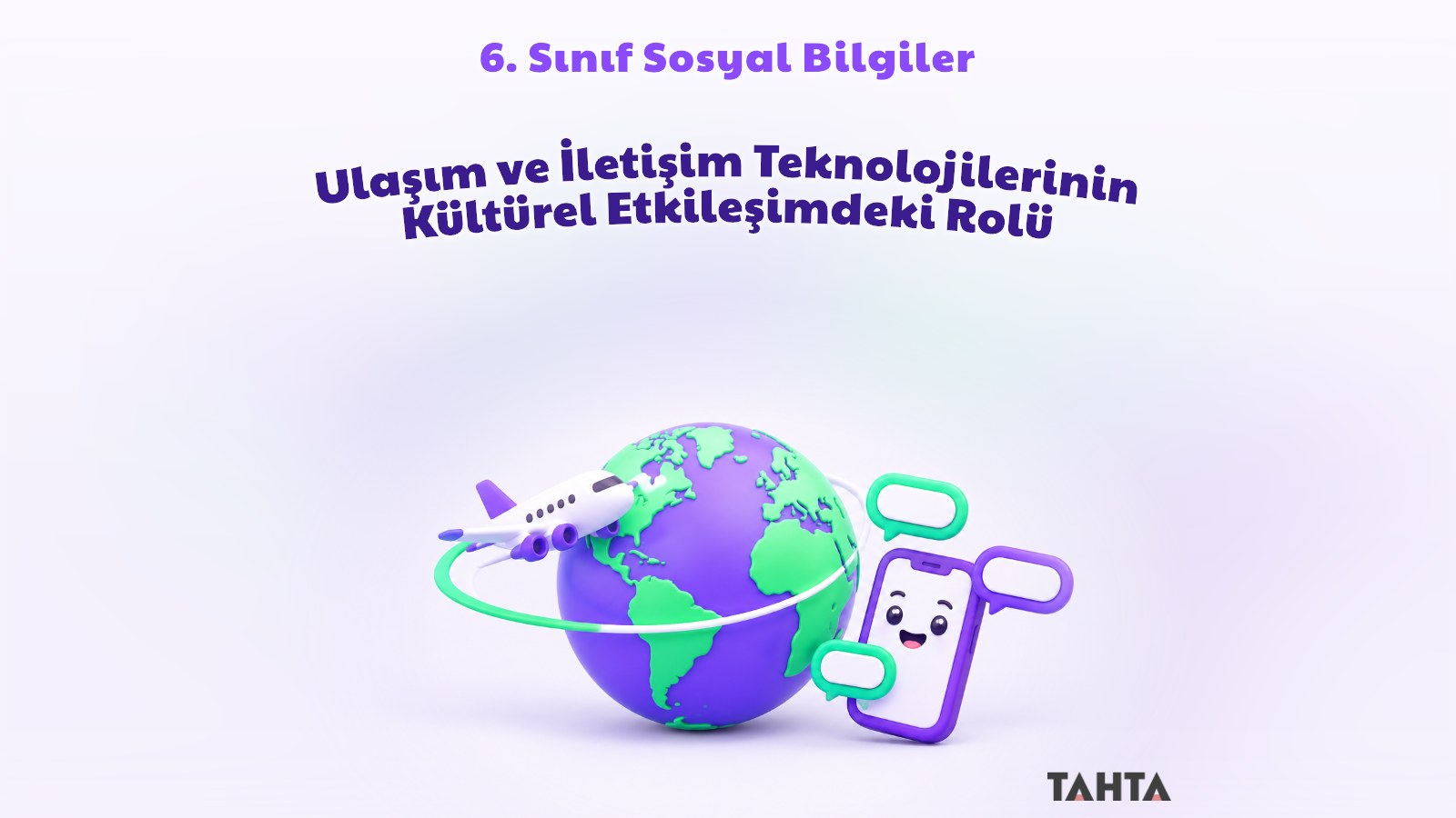 Etrafında uçak dönen dünya küresi ve sohbet balonlu akıllı telefonla ulaşım ve iletişim teknolojileri kapağı