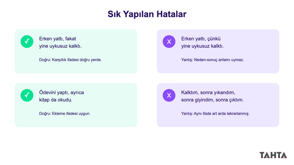 Geçiş ve bağlantı ifadelerinde sık yapılan hatalar görseli