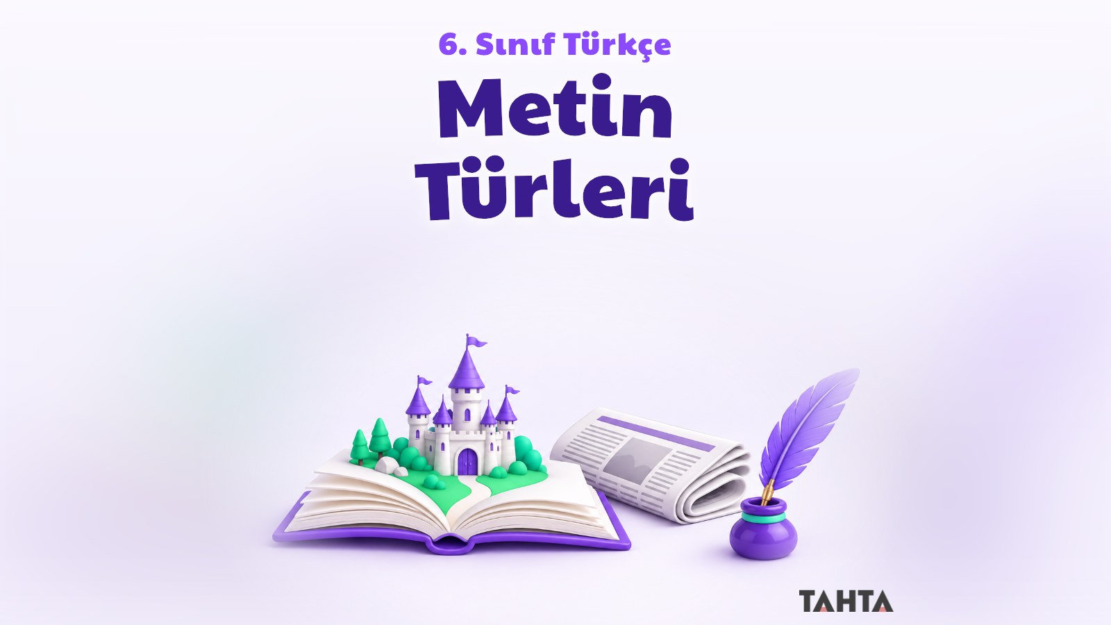 Açık bir masal kitabı, katlanmış gazete ve tüy kalemle metin türleri ders kapağı