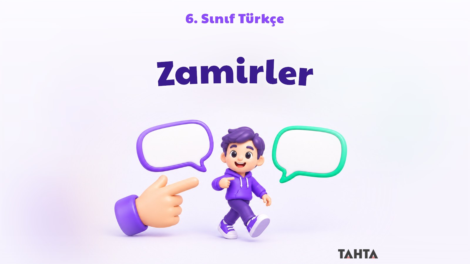 Zamirler konusunu simgeleyen işaret eden el, konuşma balonları ve isim kartı
