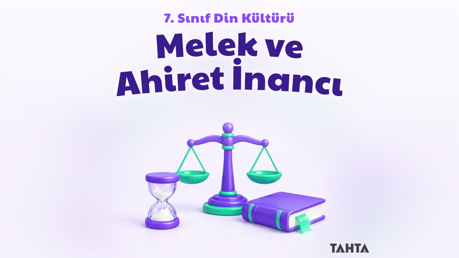 Melek ve ahiret inancı dersi kapağı: mor ve yeşil terazi, kum saati ve kitap