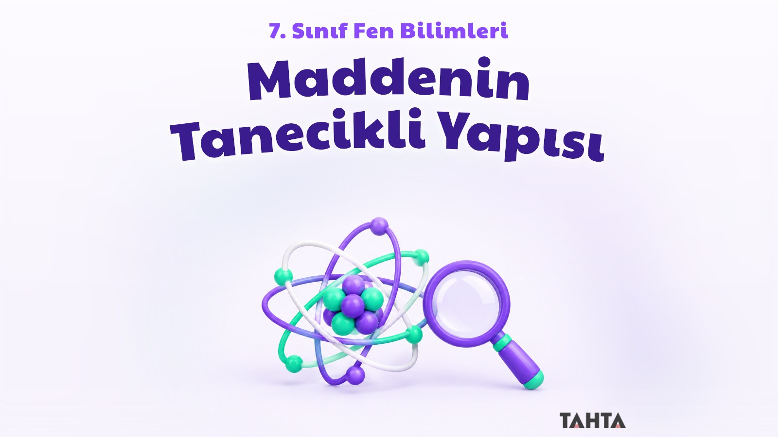 Mor ve yeşil renkli sevimli 3B atom modeli ile büyüteç, açık lavanta zemin üzerinde