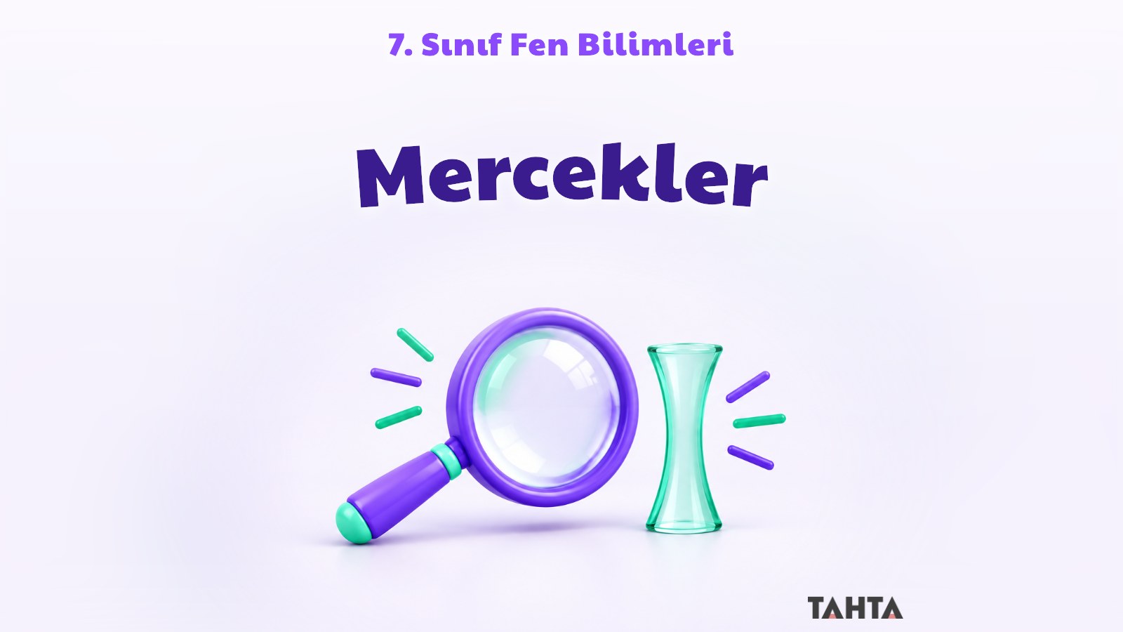 Mercekler konusunu simgeleyen mor ve yeşil büyüteç ile ince kenarlı mercek