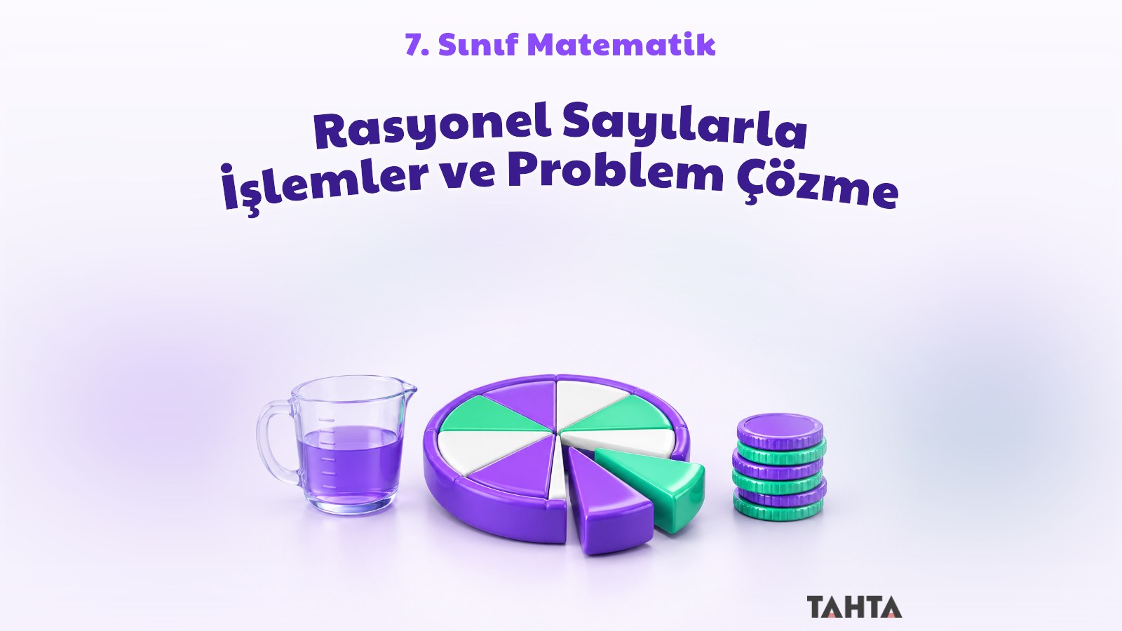 Rasyonel sayılarla işlemler konusu için dilimlenmiş pasta, ölçü kabı ve madeni paralar