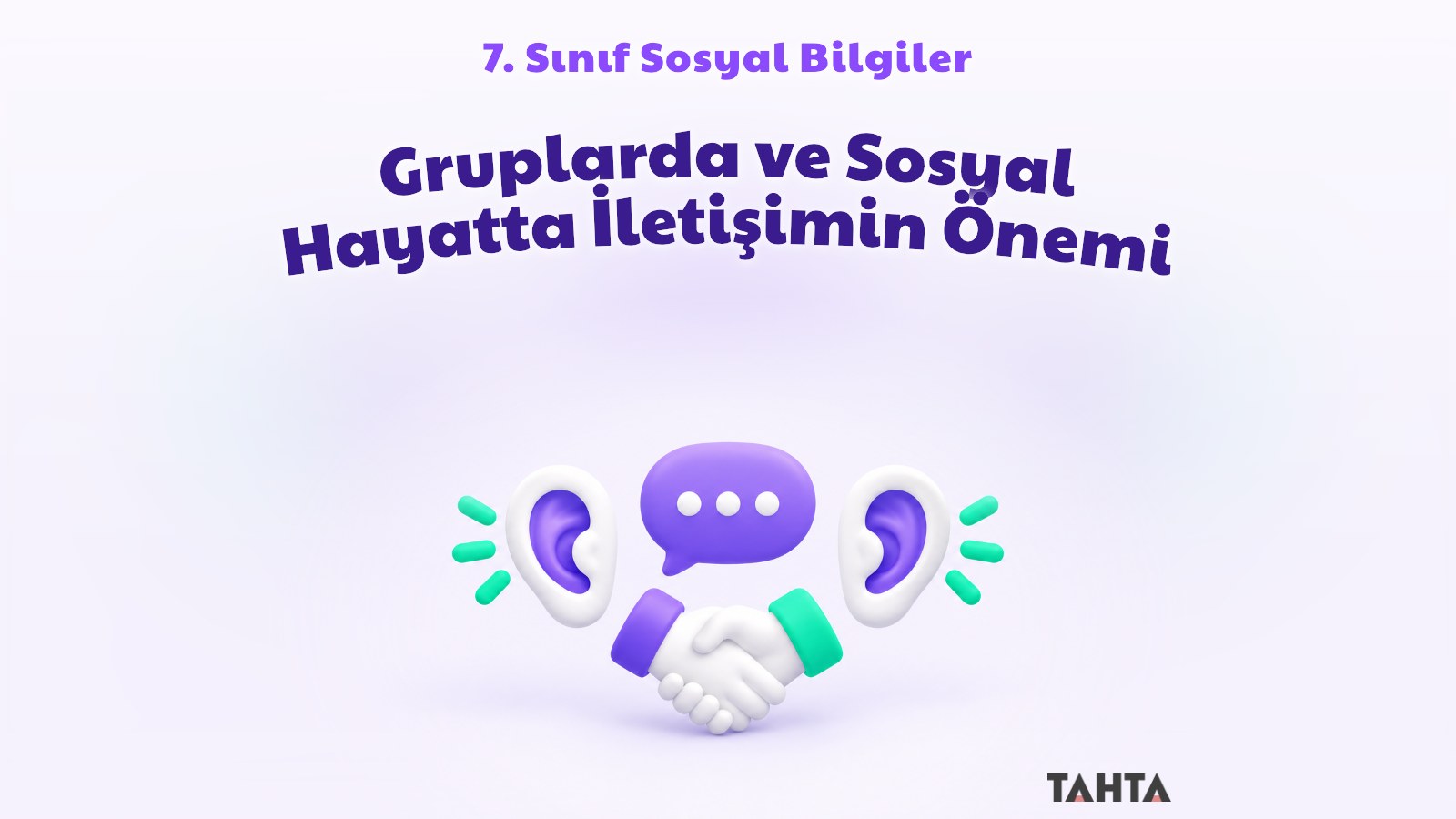 Mor ve yeşil tonlarda konuşma balonu, kulak ve el sıkışma ile iletişim ders kapağı