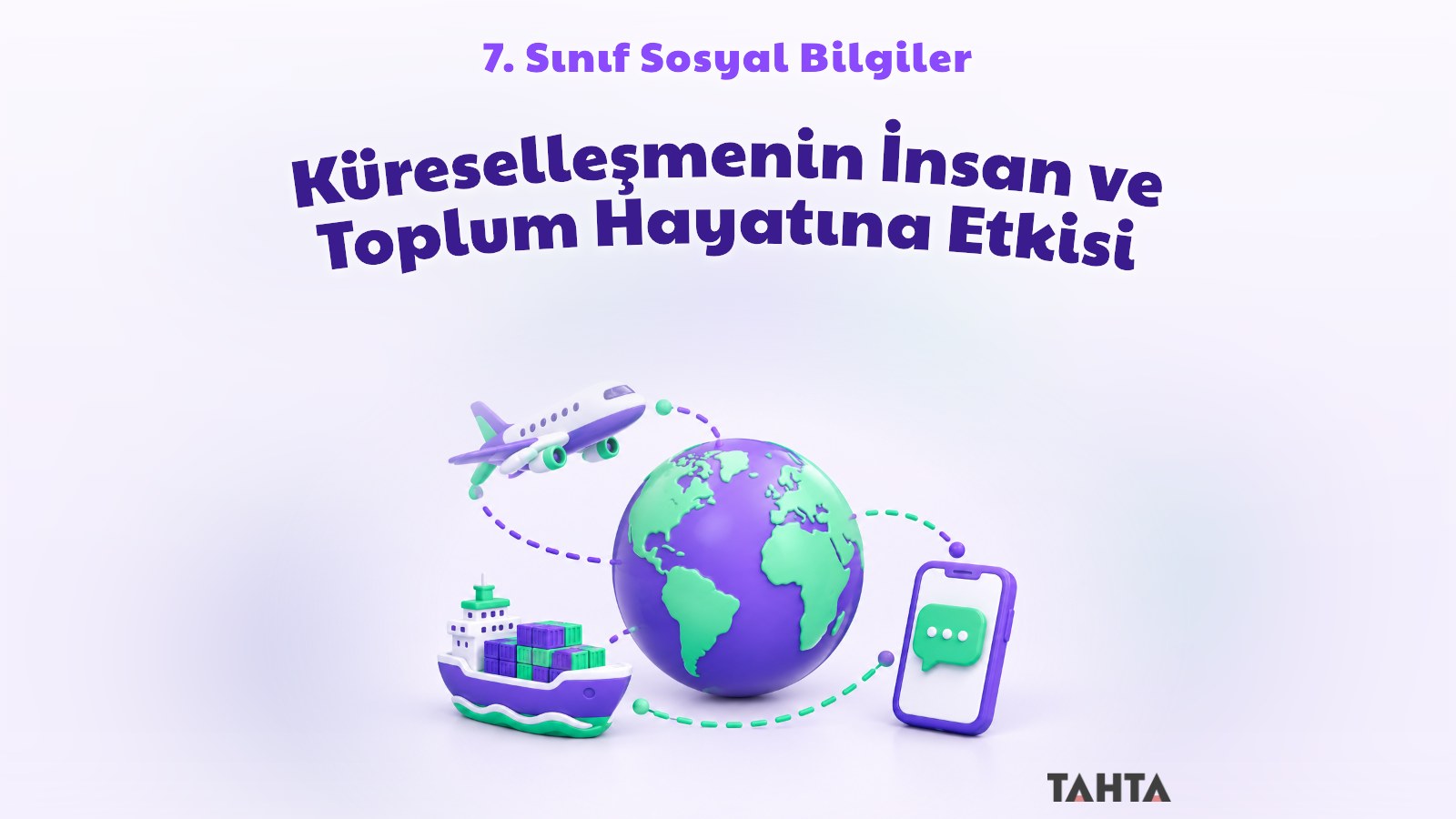 Küreselleşmeyi simgeleyen mor ve yeşil dünya küresi, uçak, telefon ve yük gemisi