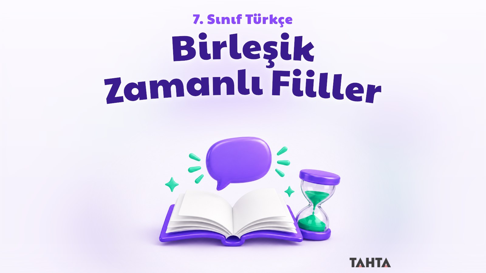 Açık kitap, konuşma balonu ve kum saatiyle birleşik zamanlı fiiller konu kapağı