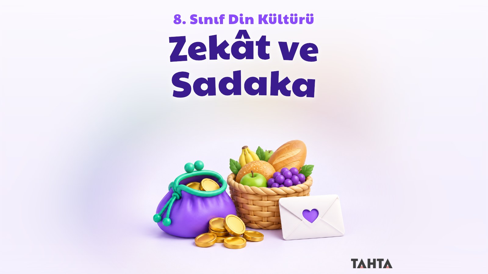 Altın para kesesi, erzak sepeti ve kalp kesik zarf ile zekât ve sadaka konusu kapak görseli