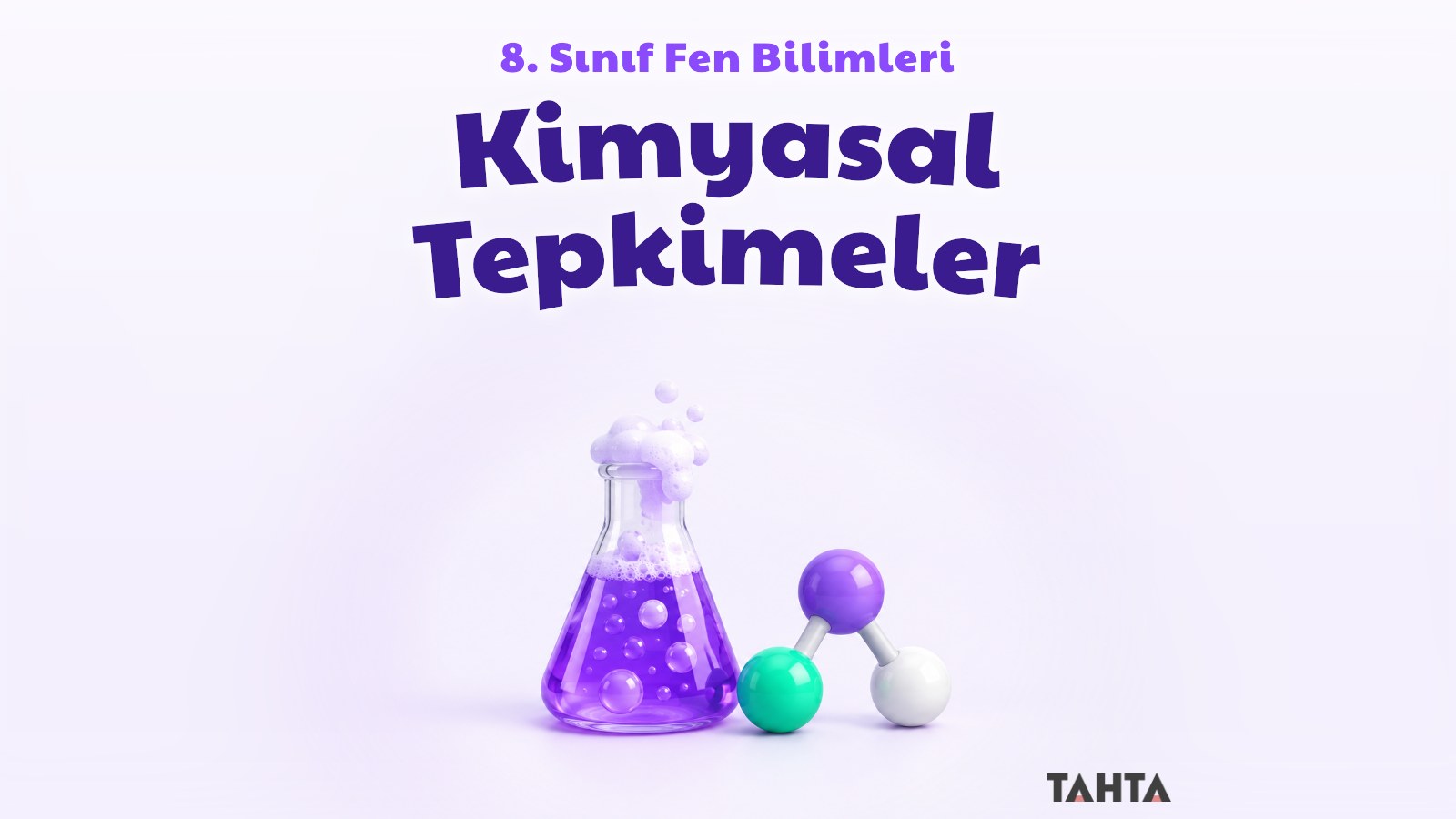 Köpüren sıvı dolu deney şişesi ve üç küreli molekül modeliyle kimyasal tepkimeler kapağı