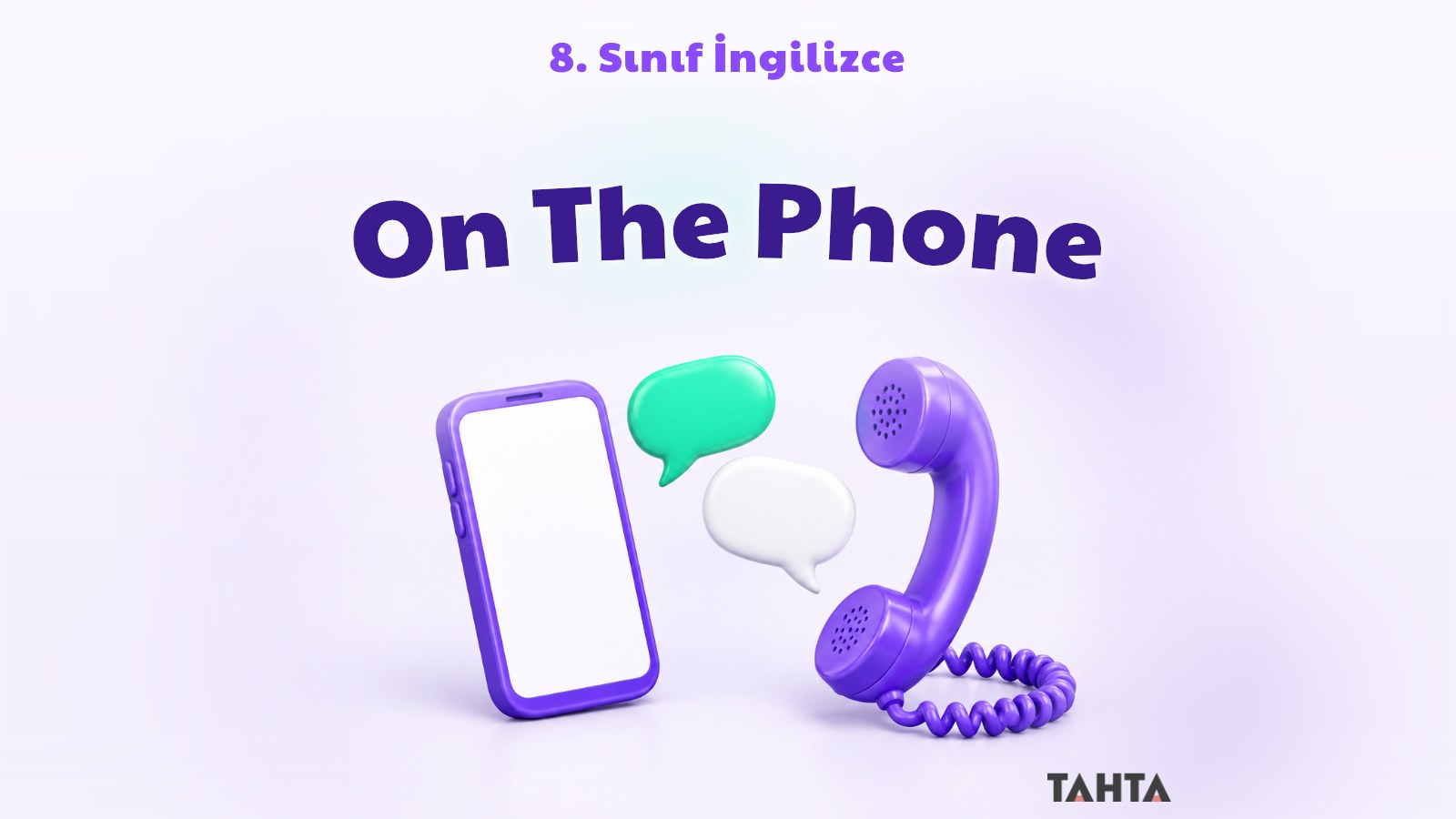 Mor ve yeşil tonlarda üç boyutlu akıllı telefon, telefon ahizesi ve boş konuşma balonları