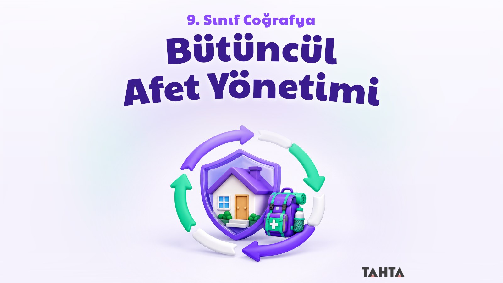 Kalkanla korunan sevimli ev, afet çantası ve onları saran döngü okları içeren afet yönetimi kapağı