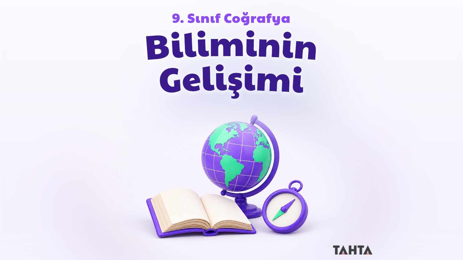 Açık zeminde mor ve yeşil tonlarda küre, eski bir kitap ve pusuladan oluşan coğrafya tarihi dersi kapağı