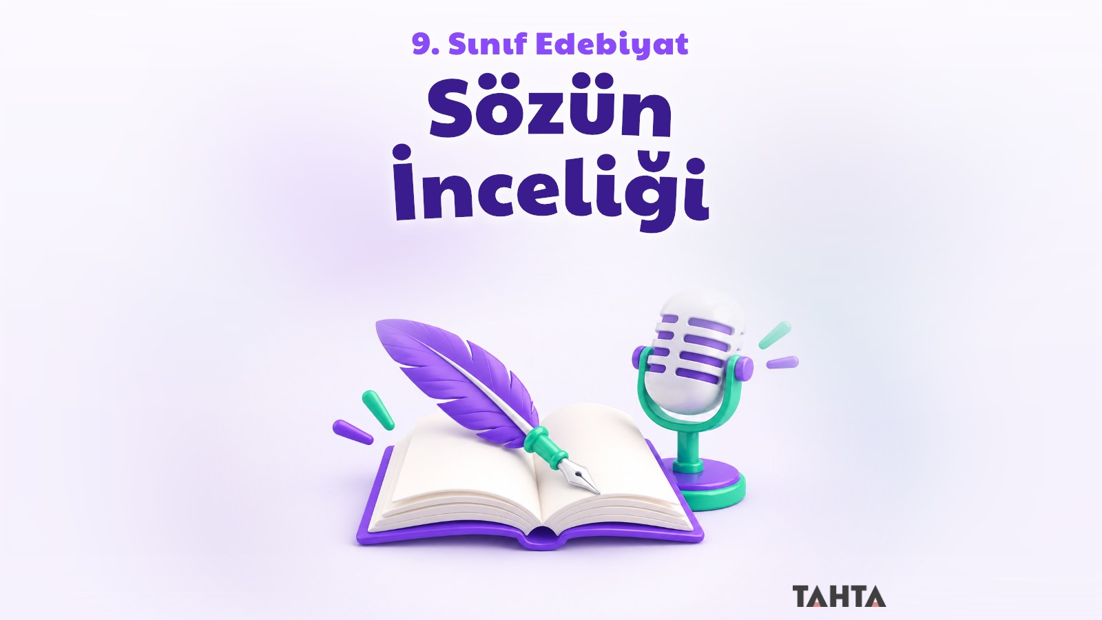 Sözün İnceliği teması için açık kitap, tüy kalem ve mikrofondan oluşan mor yeşil kapak görseli