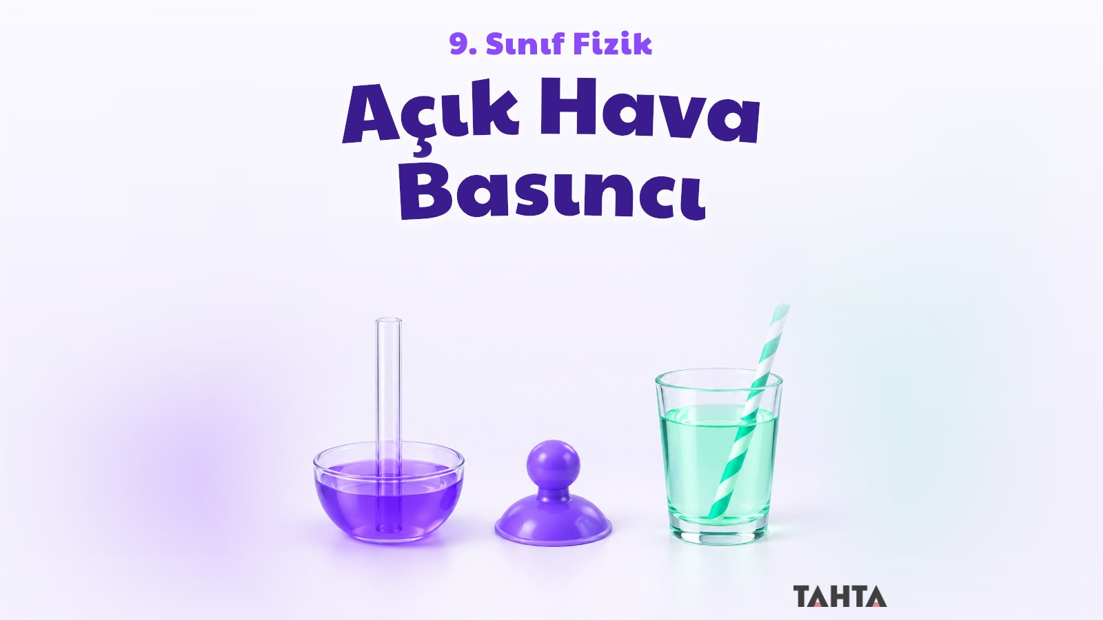 Açık hava basıncını simgeleyen cam tüplü barometre, vantuz ve pipetli bardaktan oluşan mor yeşil kapak görseli