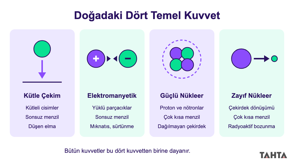 Doğadaki dört temel kuvveti düşen elma, zıt yükler, atom çekirdeği ve bozunan çekirdek ile gösteren şema
